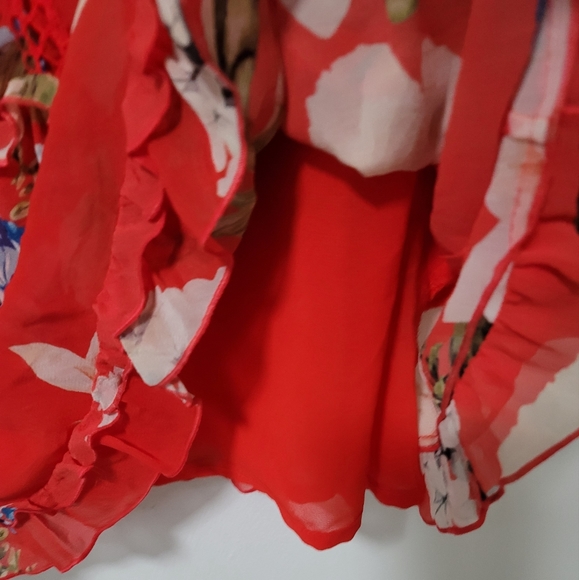 NICHOLAS X Revolve Red Floral Crochet Trimmed Silk Halter Mini Shift Dress Sz6 - Picture 7 of 16